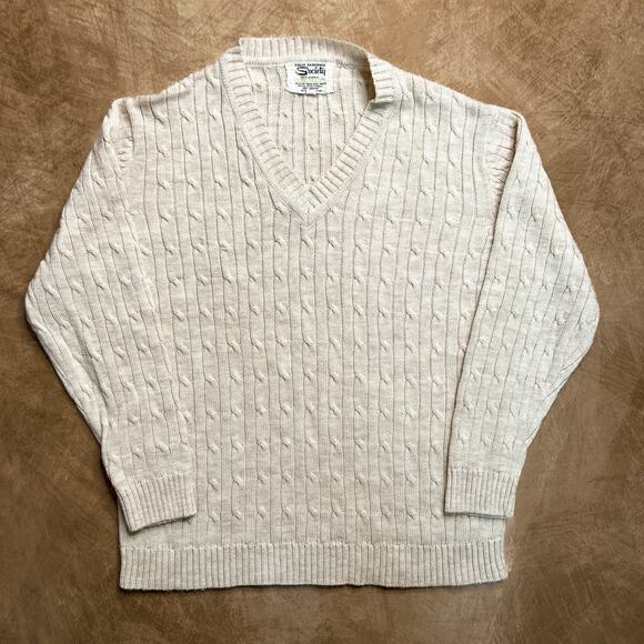 Vintage 70s Fully Fashioned Society Cable Knit Sweater Cream V Neck Women's L - Picture 1 of 10